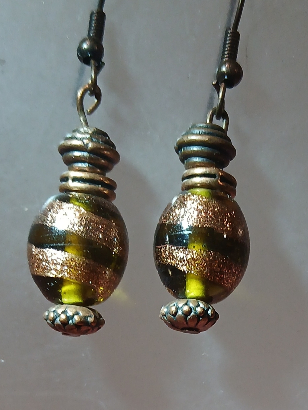 Hand Crafted Olive Green and Bronze Glass Bead Drop Earrings